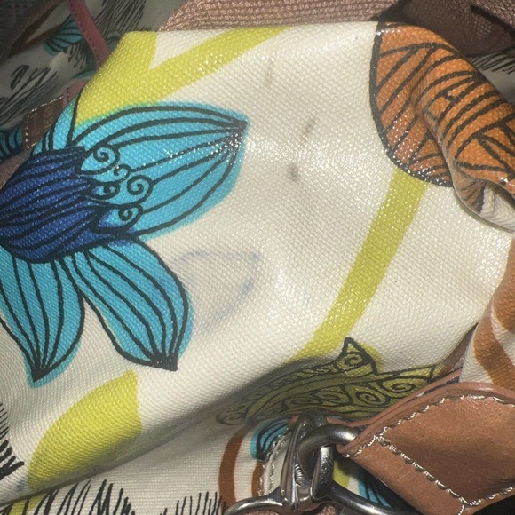 Fossil Key-Per Duffle Bag Coated Canvas Leather Trim teal Multi Floral Print - Picture 10 of 11